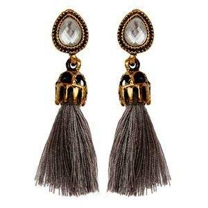 Gold Tone Vintage Style Earrings With Gray Tassel